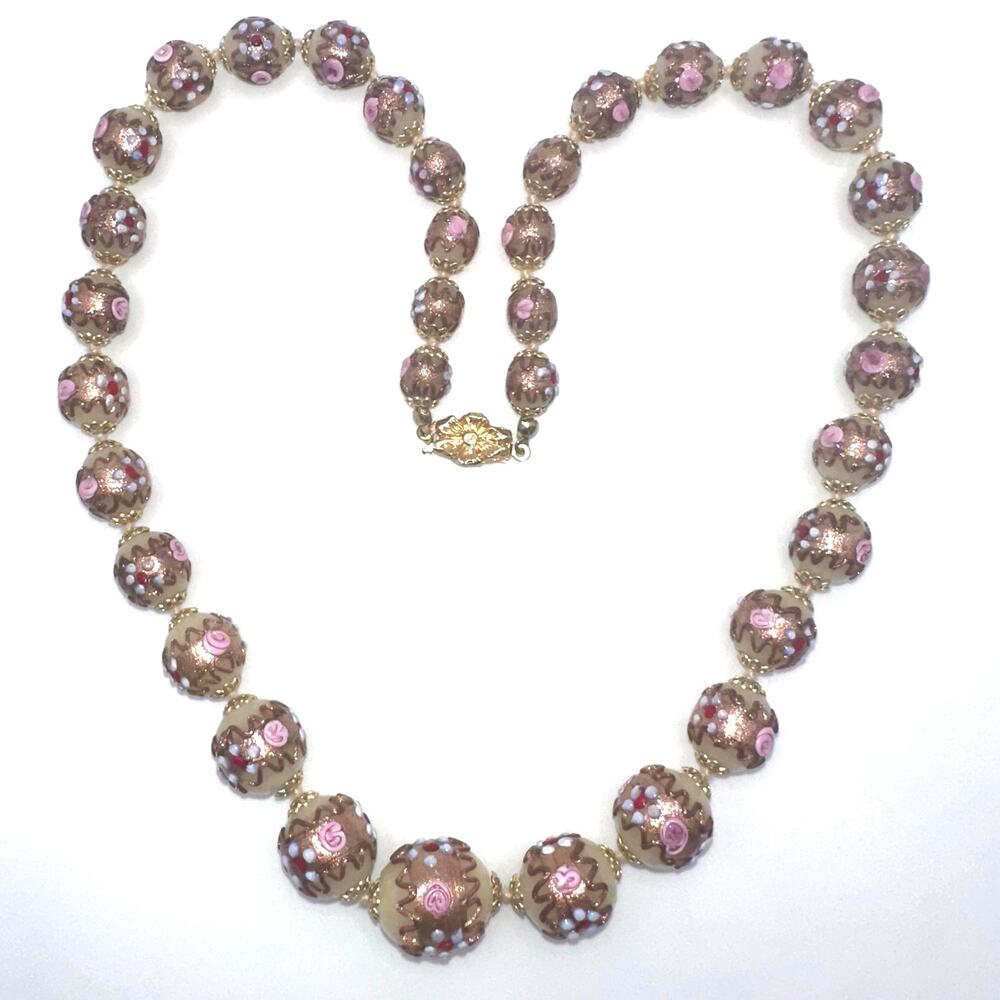 Vintage gold tone Murano Venetian wedding cake art glass beads beaded necklace